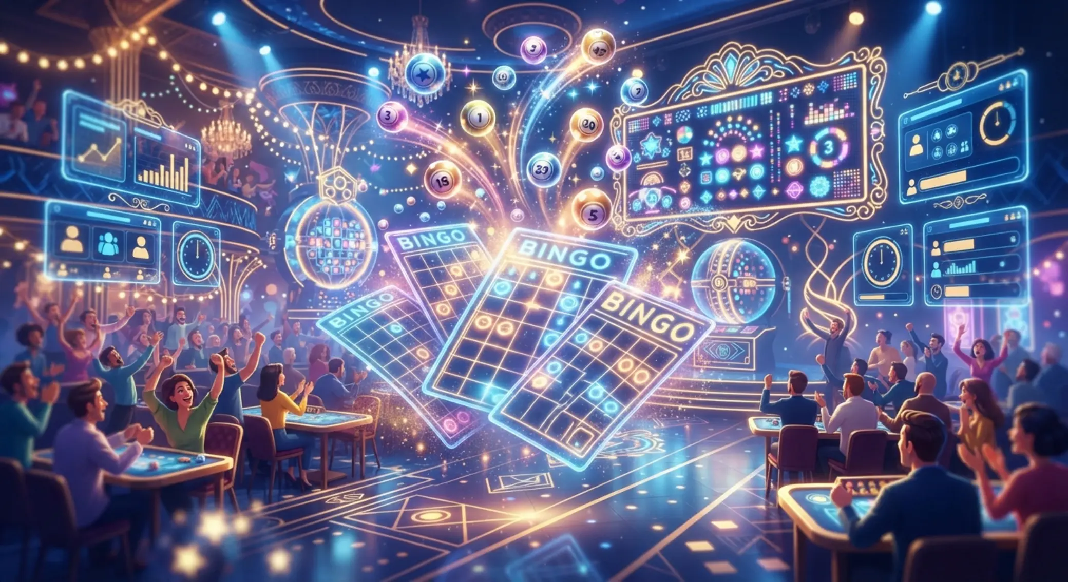 Dynamická scéna online bingo miestnosti s tiketmi a vyžrebovanými číslami