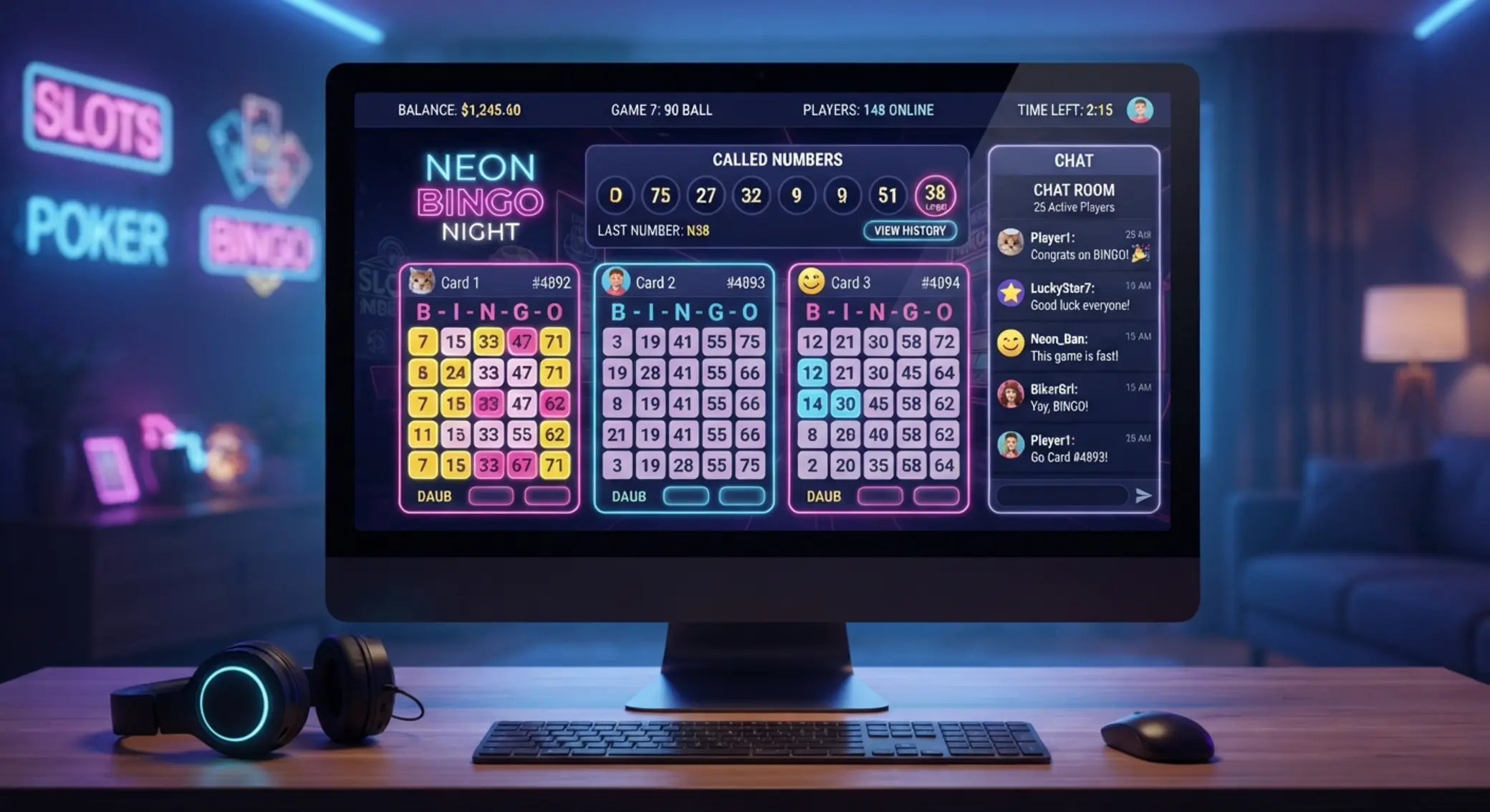 Rozhranie online binga s tiketmi, číslami a chatom