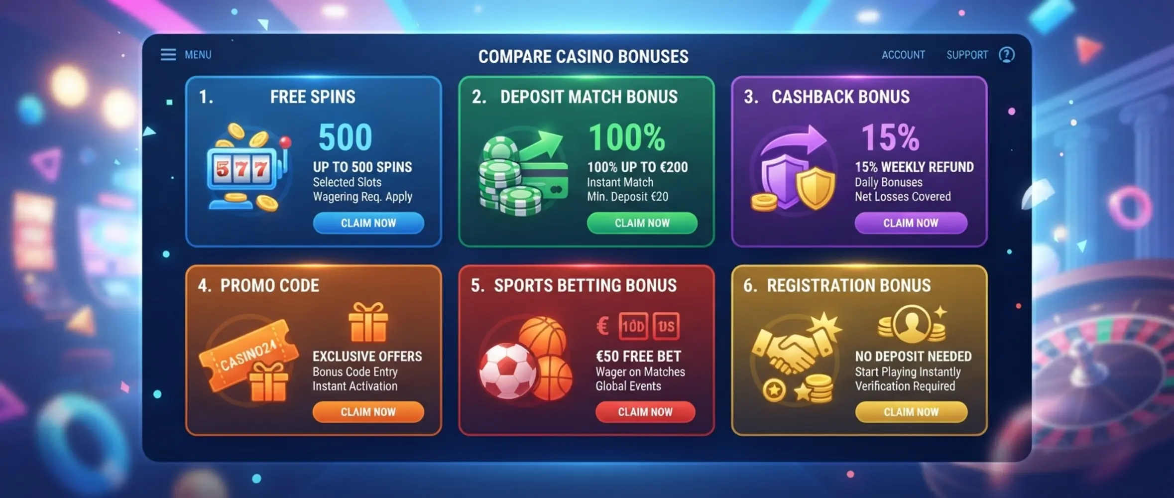 Prehľad typov casino bonusov s ikonami