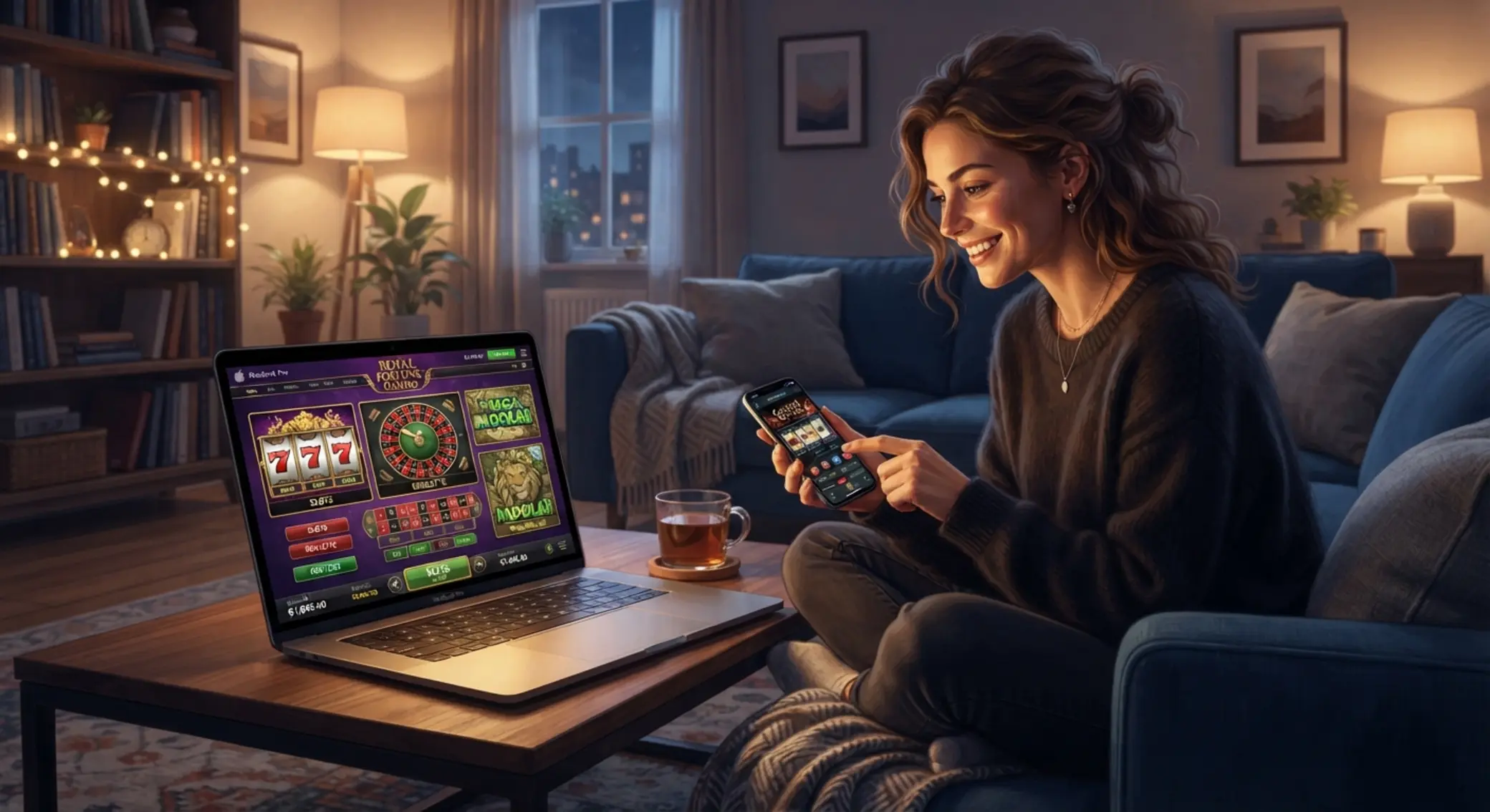 Hráč používa notebook a mobil na online casino hry doma