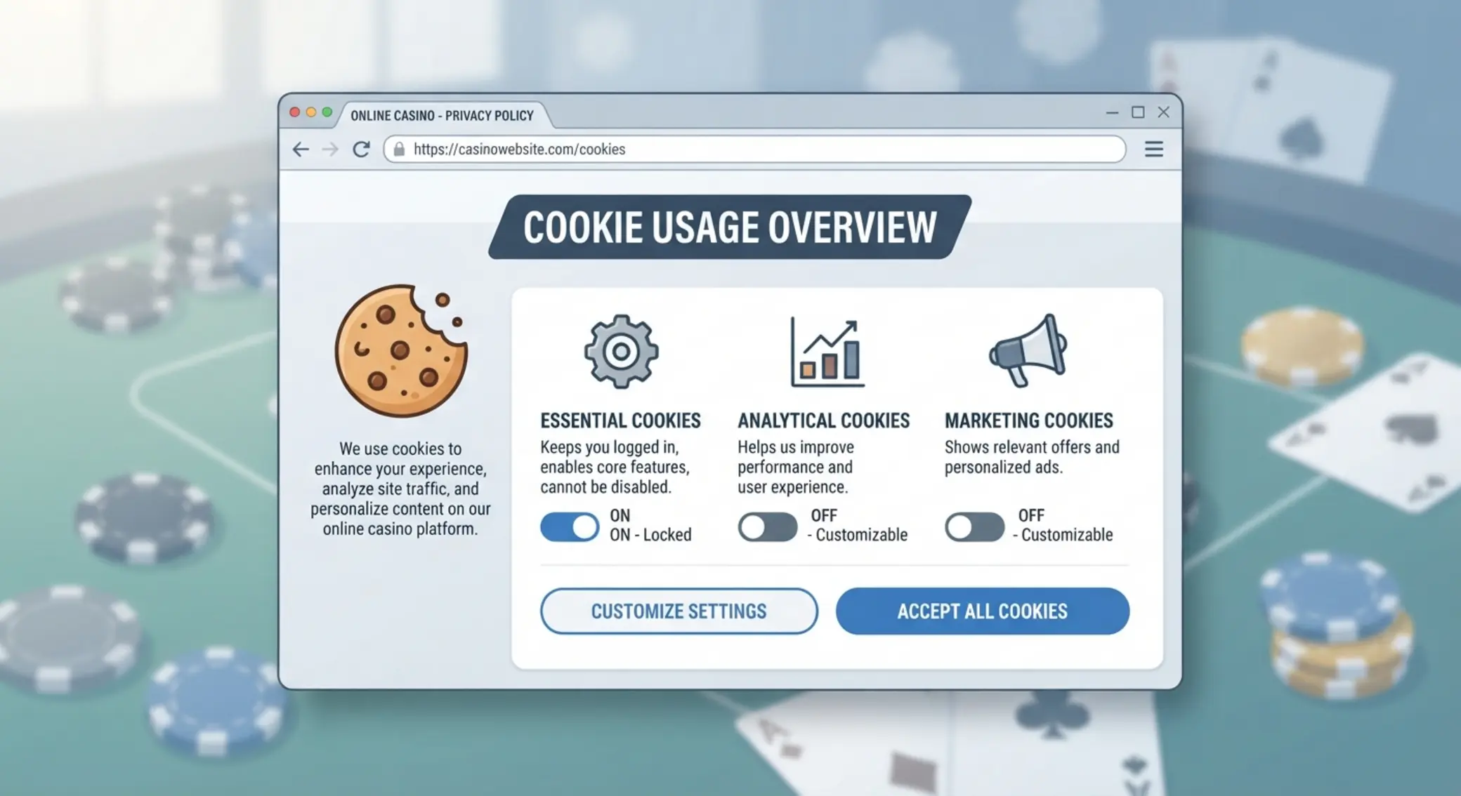 Prehľad cookies na casino stránke v prehliadači