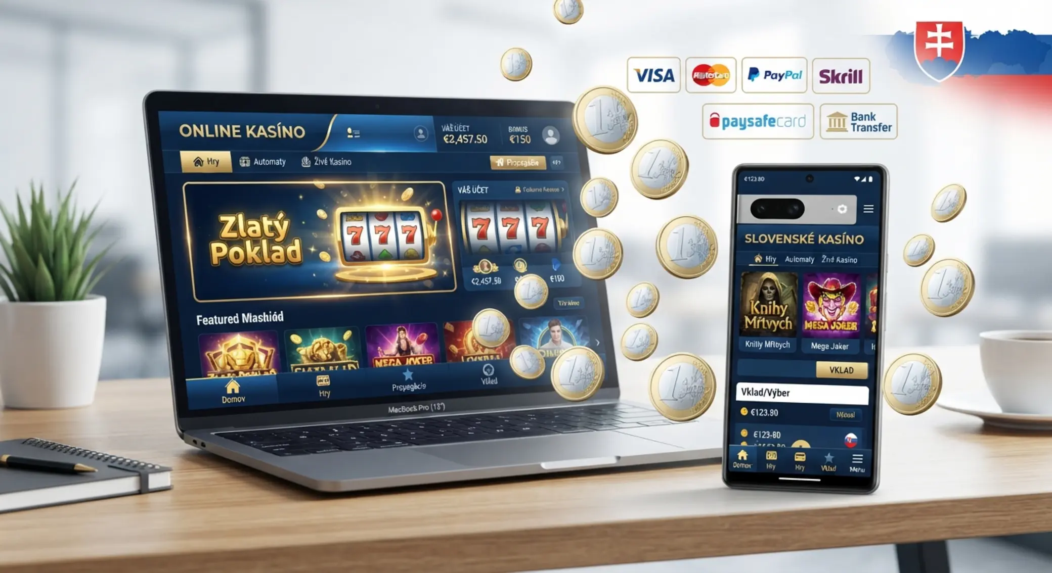 Koláž online kasín a možností vkladu 1 €