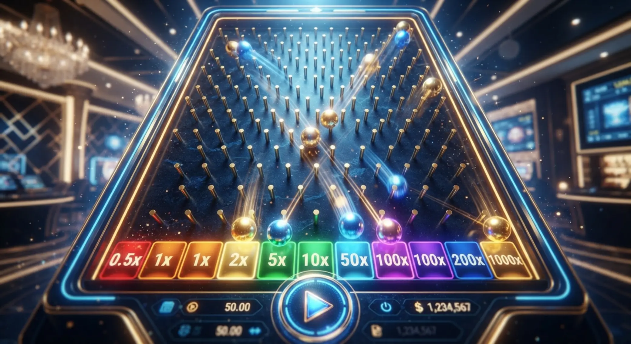 Hero banner s dynamickou doskou Plinko a padajúcimi guľôčkami