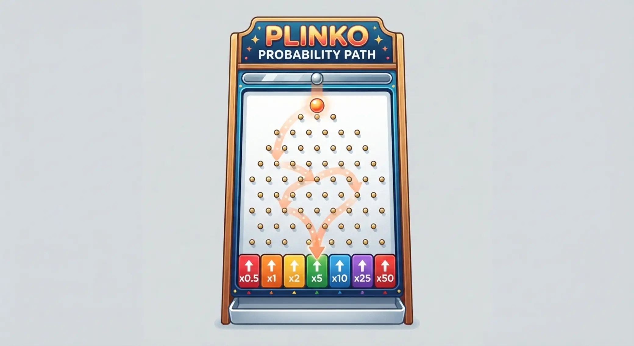 Schéma dosky Plinko s riadkami kolíkov a farebnými políčkami