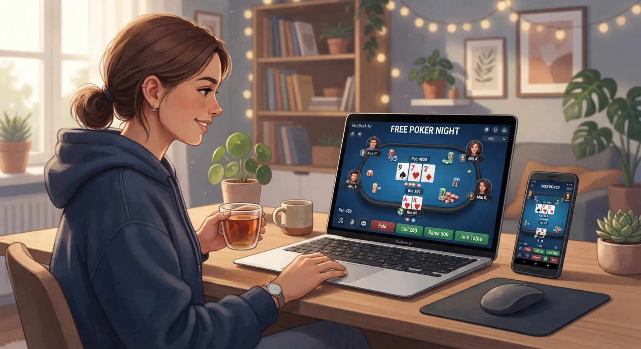 Online poker stôl na notebooku a mobile s kartami a žetónmi