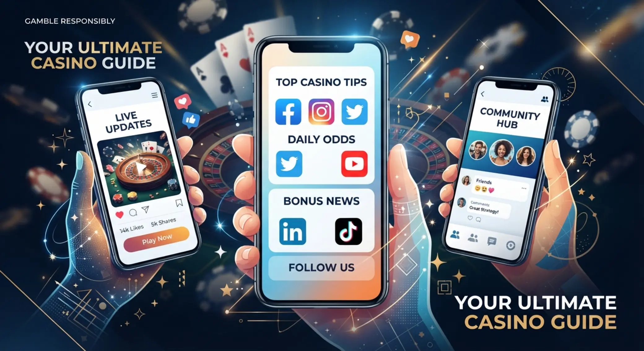 Sociálne siete prevádzkovateľa Koláž sociálnych sietí na pozadí casino webu